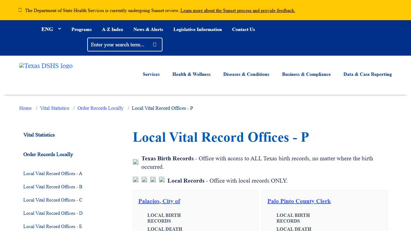 Local Vital Record Offices - P Texas DSHS